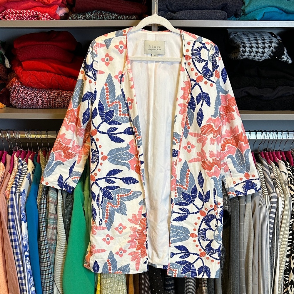 Hinge white/pink/blue floral linen blend open front 2 pocket long blazer size XS